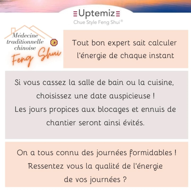 Votre expert Feng Shui vous accompagne pour vos projets. Il vous met dans une configuration idéale par l'agencement et vous donne la bonne date pour agir. C'est l'alignement de l'énergie du ciel et de la terre avec la vôtre. Succès et transformations assurés !
Aujourd'hui la journée est propice à collecter, faîtes du recouvrement, relancer vos clients, ramasser ce que vous avez à ramasser. Bon qi !
#fengshuichuestyle #uptemiz.com